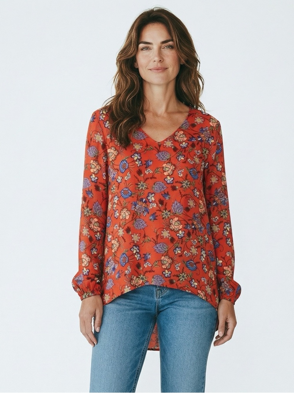 Chelsea & Theodore - Sz S - Red Floral hi-low Blouse w/ Blue and peach Accents - Picture 3 of 7